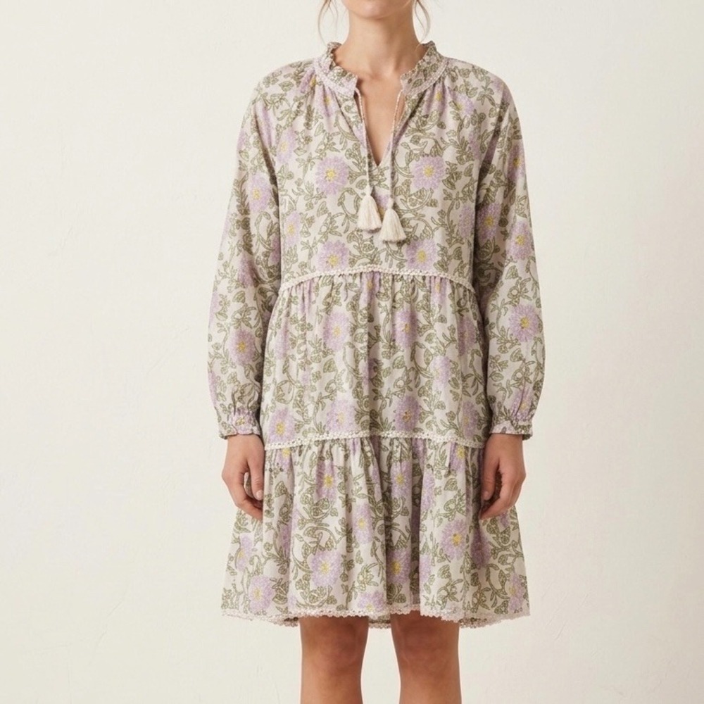 Roller Rabbit Floral Block Print Mini Dress Small S Cotton Silk Purple Babydoll